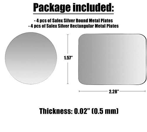 SALEX Replacement Metal Plates Set 8 Pack for Magnetic Car Phone Holders, Wall, Air Vent Mounts, Cases, Magnets. Kit of 4 Silver Round and 4 Rectangular Iron Discs Without Holes. 3M Adhesive Backing. — view 2