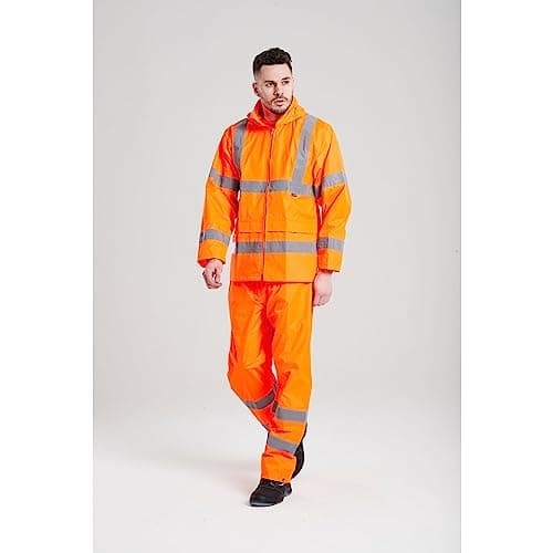 Portwest UH440 Mens Hi Vis Rain Jacket Waterproof Lightweight Reflective Safety Workwear Packable Hooded Vented Back Construction Roadwork Highway Rail, Orange, M — view 3