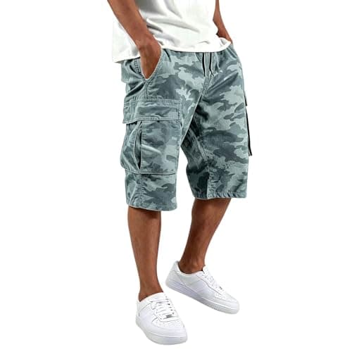 Camo Cargo Shorts for Men Fashion Elasticated Waist Multi Pockets Mens Combat Cargo Shorts Regular Fit Knee Length Shorts Summer Casual Printed Outdoor Hiking Walking Short Pant (Sky Blue-E, S)