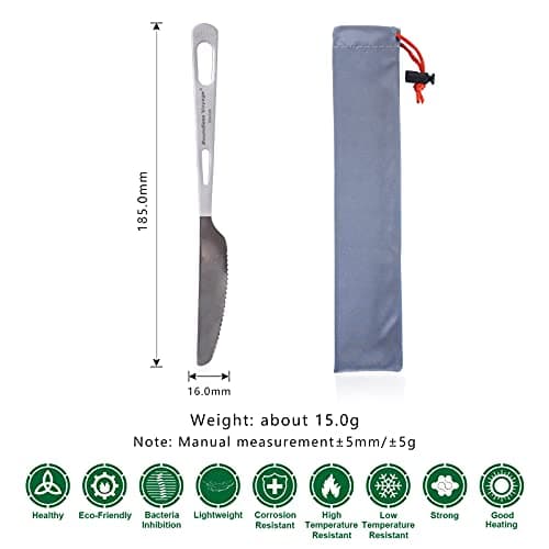 iBasingo 18.5cm Titanium Dinner Knife Ultralight Cutlery Travel Backpacking Hiking Camping Portable Tableware Indoor Outdoor Durable Flatware Ti1043T — view 2