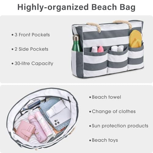 oscaurt Extra Large Beach Tote Bag with Zip and Rope Waterproof Handbags for Women 7 Pockets Shoulder Gym Bag Summer Holiday Essentials Gifts for Women Picnics Short Trips Study Saunas — view 6