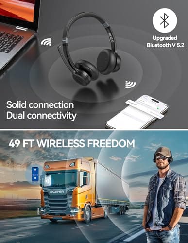 TECKNET Bluetooth Headset Wireless Headset with Microphone Noise Canceling, 50H Playtime & Mute, Wireless Headphones with Mic Bluetooth 5.2 On-Ear Headphones for Trucker Cellphone Office Call Center — view 5