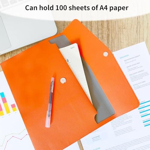 YSDINK PU Leather A4 Document File Folder, Portable and Waterproof File Organizer with Magnetic Snap Closure, Envelope Storage Bag for Office, Home, School, Travel and Business Use (Orange) — view 4