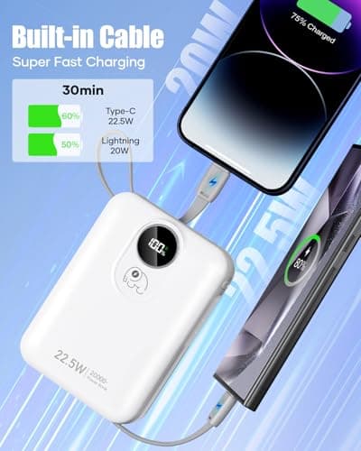 Built-in Cable 20000mAh Power Bank: 22.5W Fast Charging External Battery for Mobile Phone, USB C (Input & Output) Battery Pack, Portable Charger with 4 Outputs & 2 Inputs-White — view 3