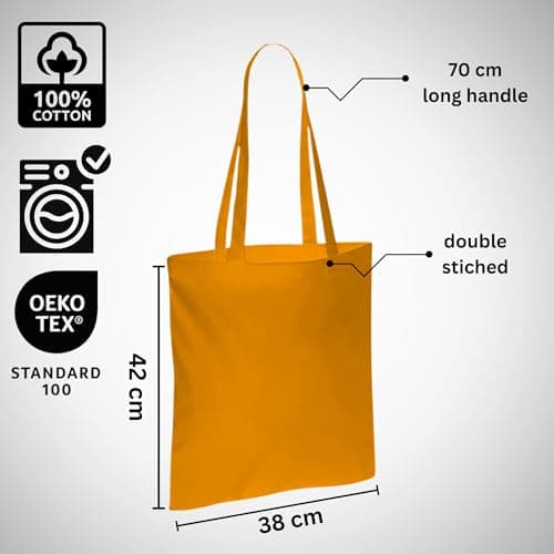 Wonky Line Premium Cotton Tote Bag, Eco-Friendly Shopping Bag, 100% Cotton Canvas, Reusable Grocery Cloth Bag, Extra Strong Long Handle Double Stitched Ideal for Printing (Orange) — view 5