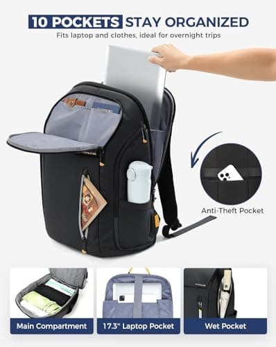 Ponhog Laptop Backpack for Men - 900D Travel Backpack fit 17.3 Inch Laptop, Tech Backpack with USB Charging Port Anti-Theft Pocket, 30L Smart Rucksack for College Business Work Overnight Black — view 2