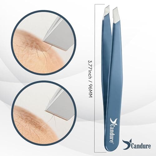 Candure Professional Slanted Tweezers for Men and Women – Precision Stainless Steel Tweezer for Brow, Chin, Facial Hair, Ingrown Hair & Plucking with Leather Pouch (Blue) — view 2