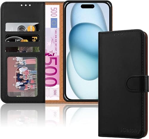 iCatchy for iPhone 15 Case 6.1 Inch, PU Leather Wallet Flip Case with Card Slots, RFID Blocking, Magnetic Closure, Stand, Full Body Protective Folio Cover (Black) — view 5