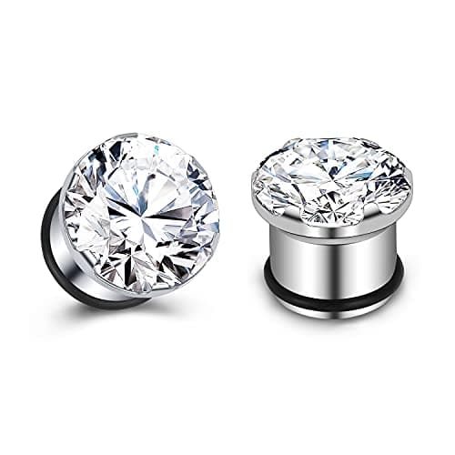 PunkTracker Pair Clear CZ Zirconia Prong Set Ear Plugs Gauges Stainless Steel with Silicone O-Ring Stretcher Expander