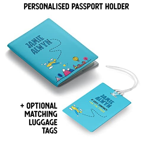 NOT JUST A PRINT Kids Passport Cover Personalised with Any Name | UK Passport Holder | Toddler Child's 1st Passport Adventure Awaits Wallet (Rainbow Brights) — view 3