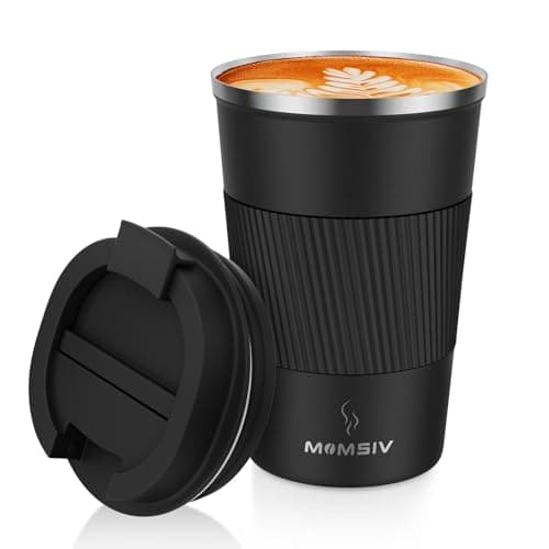 MOMSIV Coffee Cup, Insulated Coffee Cup with Leakproof Lid, Non-Slip Vacuum Reusable Stainless Steel Eco-Friendly Travel Office Mug for Hot and Cold Water Coffee and Tea, 380ml/13oz(Black)