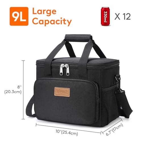 Lifewit Lunch Bag 9L 12 Can Insulated Lunch Box Soft Cooler Cooling Tote for Adult Men Women, Black — view 3