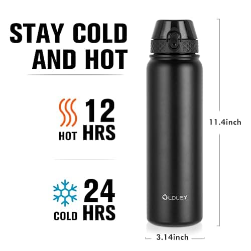 OLDLEY Stainless Steel Water Bottle with Straw 1L Vaccum Insulated Large Drink Flask Metal Water Bottles 1 Litre Leakproof Keep Drinks Hot Cold for Bike Sports Gym with Different Lids(Black, 3 Lids) — view 3