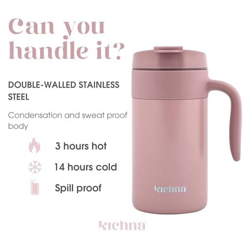 Kichna Voyager 18 oz / 550ML Double Walled Stainless Steel Vacuum Travel Mug | BPA Free Lid Leak & Spill Proof Tumbler with Ergonomic Handle | Keeps Cold for 14Hrs or Hot for 3Hrs - Light Green — view 3