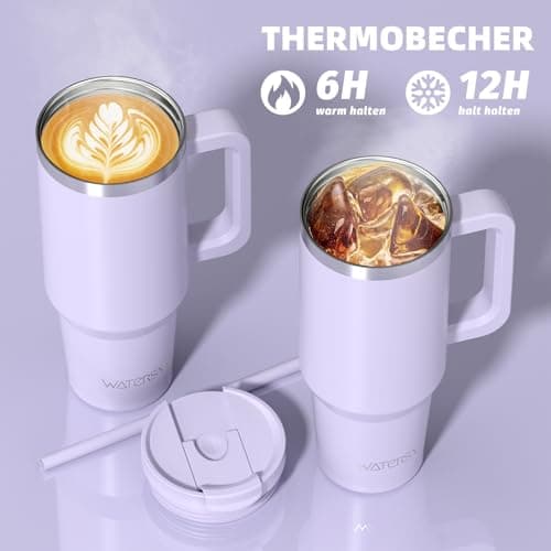 WATERSY 40oz Travel Mug Coffee Cup with 2 Straws, Tumbler Lid and Handle, Stainless Steel Double Wall Vacuum Insulated Coffee Water Bottle Thermal for Cold Hot Coffee 1182ml Purple — view 2