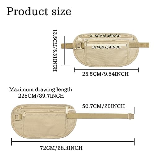 FuninCrea Money Belt, Nylon Fanny Pack Hidden Bum Bag with RFID Blocking for Women Men, Anti-Theft Waist Pack Under Clothes with Adjustable Buckle for Travel, Running, Hiking, Cycling (Beige) — view 2