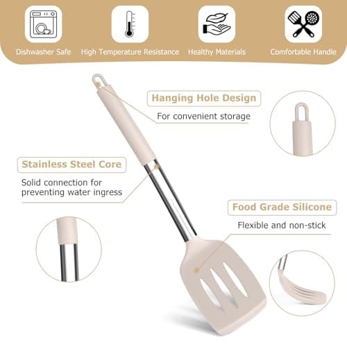 HaWare Kitchen Utensils Set, 6 Pcs Silicone Cooking Utensils with Stainless Steel Handle, Heat Resistant Kitchen Tools for Non-Stick Cookware, Ladle Turner Spoon Pasta Server, Dishwasher Safe - Khaki — view 3