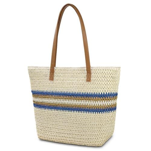 Aucuu Straw Bag, Straw Shoulder Bag for Women, Large Zippered Handbag Tote Bag, Handheld Shoulder Bag, Bohemian Summer Beach Bag for Outdoor Travel and Beach (Off White)