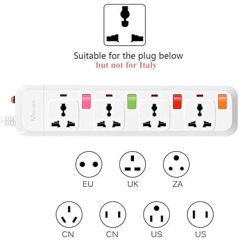 UK to EU Travel Extension Lead, Mscien 4 Way Individual Switches Universal Power Strip Overload Protector With 1.8M Extension Cord — view 2