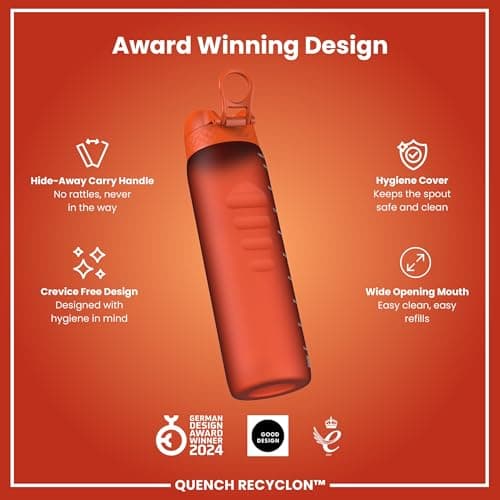 ION8 1 Litre Water Bottle, Leak Proof, Flip Lid, Carry Handle, Rapid Hydration, Dishwasher Safe, BPA Free, Contoured Grip, Ideal for Travel, Gym & Activity, Carbon Neutral Recyclon,32oz, Hearty Orange — view 6