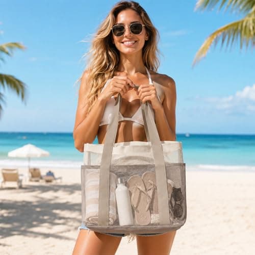 NANYUAYA Mesh Beach Bag Pool Tote Bags for Women Summer Holiday Essentials Family Lightweight Travel Bag Reusable Foldable Shopping Bag Large Shoulder Bag for Picnic Gym School Swimming Vacation — view 3