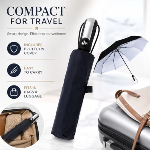 MAR Windproof Travel Umbrella, Compact Automatic Folding, Black — view 5