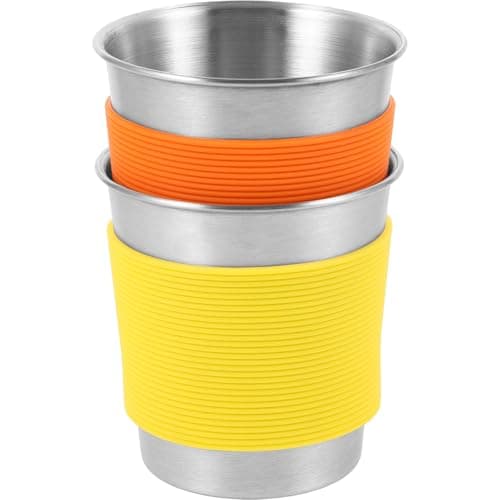 OHPHCALL Stainless Steel Water Cup Single-Layer Metal Drinking Cup 2pcs with Silicone Sleeve Easy Clean, Flat Base, for Camping and Table Use