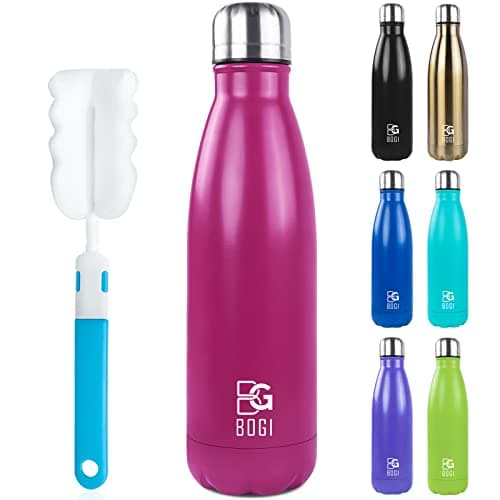 Bogi 17 Ounce Travel Mug Double-Walled Drinks Bottle Stainless Steel Water Bottle for Outdoor Sports Hiking Camping Cycling Office and Everyday Use, Cold For 12 Hours & 24 Hot + 1 Brush Gift, hot pink