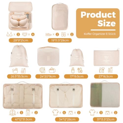 LANSKLBD 10 Set Packing Cubes for Suitcases Travel Luggage Packing Organizers,Travel Accessories Essentials Luggage Organizer with Shoe/Tioletry/Laundry Bag (Beige, 10 set) — view 2