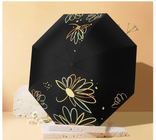 Meichoon UPF 50+ UV Protection Travel Umbrella Portable Compact 8 Ribs Lightweight Waterproof & Windproof Sunshade Stylish Simple Flower Design for Women for Hiking Backpacking Black — view 2