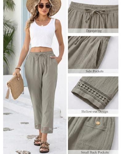 Famulily Womens Light Weight Cotton Trousers for Travel Cropped Linen Wide Leg Lounge Pants with Pockets (M,Grey Coffee) — view 4