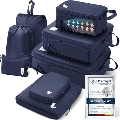 Samfolk Compression Packing Cubes for Suitcases Packing Cubes Compression Set Waterproof Suitcase Organiser Bags for Travel Suitcase Luggage Packing Organizer Bags Travel Essentials Blue 8 Set