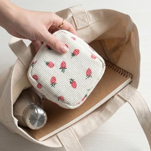 Small Makeup Bag for Purse, Cute Strawberry Beige Cosmetic Pouch, Mini Travel Toiletry Organizer with Zipper, Aesthetic Portable Storage for Women Girls Handbag Essentials — view 6