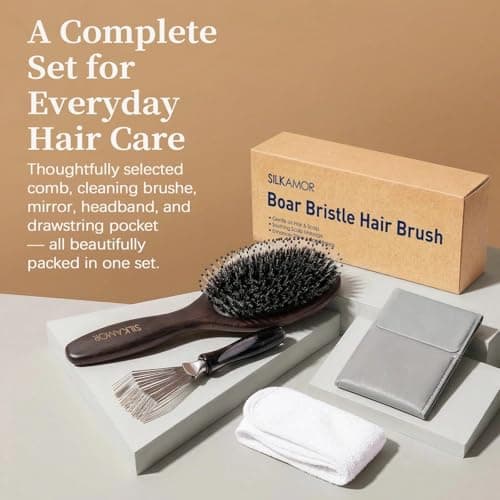 SilkAmor Boar Bristle & Nylon Mixed Hair Brush Set, Wooden Cushion Paddle for Gentle Detangling & Smoother-Looking Hair, Travel Kit with Cleaner, Mirror, Headband & Linen Pouch — view 5