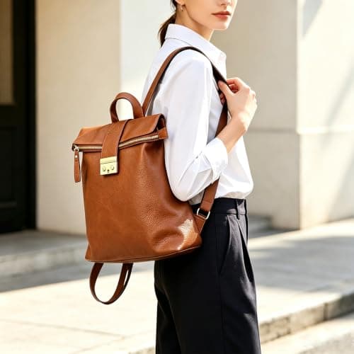 LA DEARCHUU Leather Rucksack Women Men, Brown Leather Backpack Handbags Multi-Pocket Durable Comfortable Flap Over Travel Soft Daily Backpack Daypack with Snap Closure — view 2