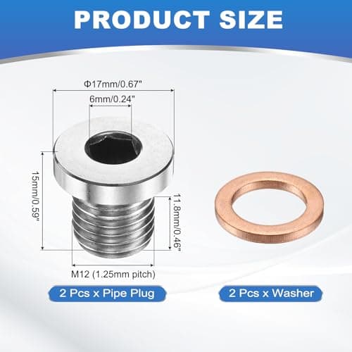 PATIKIL 2 Pcs M12 x 1.25 Metric Pipe Plug Fitting, 304 Stainless Steel Internal Hex Head Socket Pipe Cap Adapter Connector with Copper Washer for Sealing Oil Gas Water — view 2