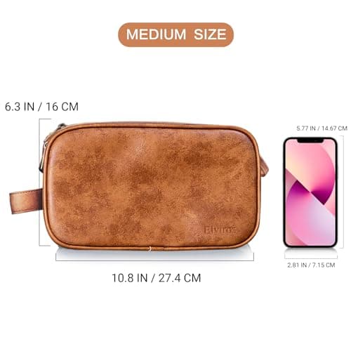 Elviros PU Leather Toiletry Bag for Men Water-Resistant, Brown-Large — view 6