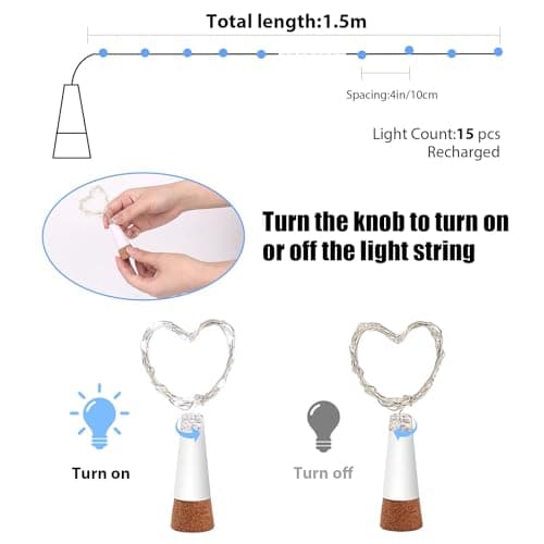 KOBWA Wine Bottle Cork Lights,USB Rechargeable 15 LED Copper String Lights, 59 Inch for DIY Bottle Decoration, Wedding, Party, Home, Outdoor, Garden, and Christmas Decor(Multi-Colour, 3 Pack) — view 4