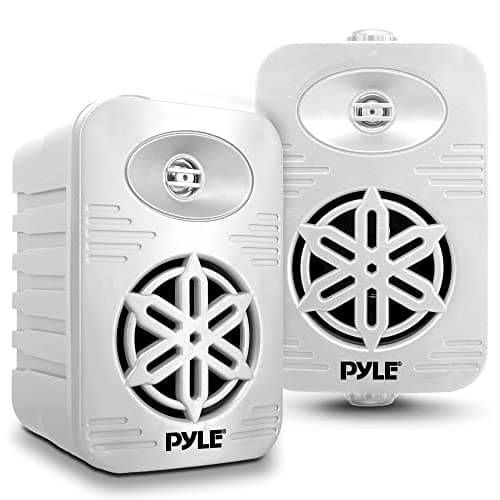 Pyle Indoor Outdoor Speaker Pair, 300W Dual Waterproof 10cm 2-Way Full Range Sound System with 1cm High Compliance Polymer Tweeter, Wall Mounted Bluetooth FM Portable Audio System, White