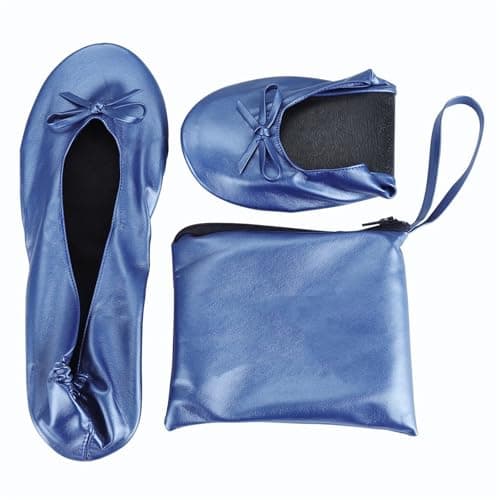 Momolaa UK 7 Ladies Roll up Shoesportable Travel Ballet Flat Fold up Pumps After Party Shoes Slipper (with Carrier Pouch) A0_Clearance Blue — view 4