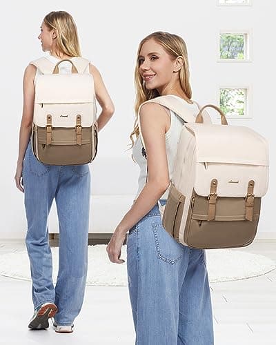 LOVEVOOK Laptop Backpack Women 15.6 inch, Vintage Rucksack Bag for Ladies, Fashion School Bags with USB Charging Port, Casual Work Daypacks for University Teacher College Travel, Beige Khaki — view 2