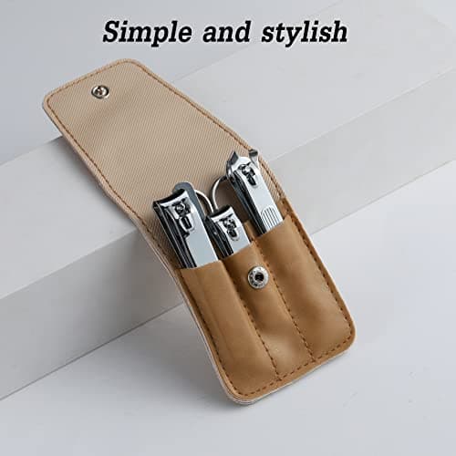 6 Pcs Nail Clipper Set, Stainless Steel Fingernail & Toenail Clippers with Beige PU Leather Case, Ergonomic Sharp Manicure Grooming Kit, Portable Nail Care Gift for Home Travel Men Women — view 4