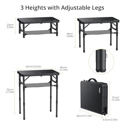 Anbte Folding Camping Table with Storage Net, 3 Adjustable Heights 2ft Aluminum Small Folding table, Lightweight Outdoor table, Portable Handle for Travel, Picnic, Camping, 60cm x 40cm, Pure Black — view 3