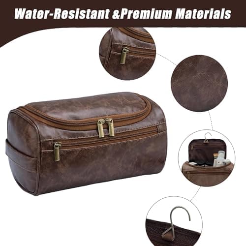 PU Leather Toiletry Bag for Men, Dark Brown Wash Bag for Travel, Gym & Shaving, Dry & Wet Separation with 3 Compartments - Perfect Men's Washbag (TeaColour) — view 3