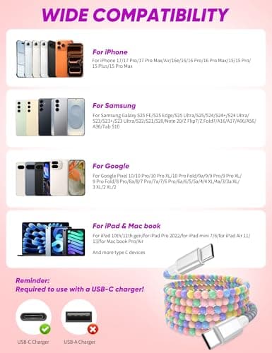 ACOCOBUY USB C to USB C Cable 2m Cute Beaded Phone Charger Cable Colorful — view 6