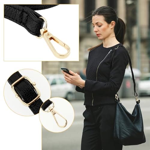 Telooco Leather Shoulder Strap Replacement 85-150cm Adjustable Leather Belt for Purse Crossbody Handbags(Black Strap, Gold Buckle) — view 5