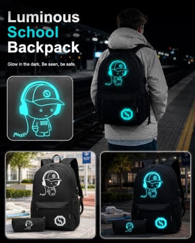 Kono School Bag with Pencil Case, Glow in the Dark Backpack for Boys Girls — view 3