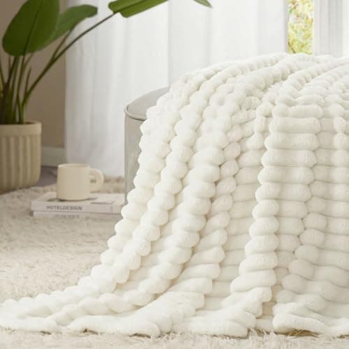 WAVVE Fluffy Blanket Fleece Throw For Sofa, Small Blanket, Cream White — view 3