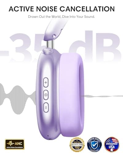 Wentronic Y02 Active Noise Cancelling Headphones,60H Battery,5 EQ Music Modes,Hi-Res Audio,Deep Bass,Foldable Wireless Over Ear Bluetooth 5.4 Headset,Breathable Leather Earpads (Purple) — view 4