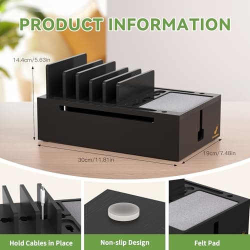 Pezin & Hulin Bamboo Charging Station for Multiple Devices, USB Charger Dock Organizer, with Power Supply (10 Ports HUB), 6 Cables, Cable Management Organizer for Cell Phones, Tablets -Black — view 2